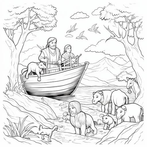 coloring book page for children depicting curious animals observing Noah from the bible. White background, no shadows, black thick lines for coloring, no shadows, black vector