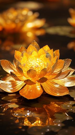 [8426e0d01] A vibrant and enchanting golden lotus flower floats gracefully on the surface of a tranquil pond. Its petals shimmer with a brilliant hue, radiating warmth and beauty. The lotus is in full bloom, each petal delicately unfurled to reveal intricate patterns and textures. Its center is adorned with a cluster of golden stamens, adding a touch of elegance to its already mesmerizing presence. The camera hovers above the water, capturing the lotus from a bird's-eye view. The lens used is a macro lens, allowing for a close-up shot that captures every intricate detail of the flower. The soft morning light gently illuminates the scene, casting a warm glow on the lotus and creating a serene atmosphere. The photograph is captured in a dreamy and ethereal style, with a hint of surrealism. The colors are slightly muted, giving the image a soft and poetic feel. The composition is carefully balanced, with the lotus placed slightly off-center, drawing the viewer's attention to its exquisite beauty. In this imaginary world, the film used is a mythical one called 