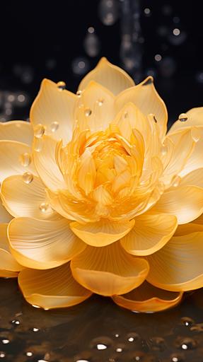 [8426e0d01] A vibrant and enchanting golden lotus flower floats gracefully on the surface of a tranquil pond. Its petals shimmer with a brilliant hue, radiating warmth and beauty. The lotus is in full bloom, each petal delicately unfurled to reveal intricate patterns and textures. Its center is adorned with a cluster of golden stamens, adding a touch of elegance to its already mesmerizing presence. The camera hovers above the water, capturing the lotus from a bird's-eye view. The lens used is a macro lens, allowing for a close-up shot that captures every intricate detail of the flower. The soft morning light gently illuminates the scene, casting a warm glow on the lotus and creating a serene atmosphere. The photograph is captured in a dreamy and ethereal style, with a hint of surrealism. The colors are slightly muted, giving the image a soft and poetic feel. The composition is carefully balanced, with the lotus placed slightly off-center, drawing the viewer's attention to its exquisite beauty. In this imaginary world, the film used is a mythical one called 