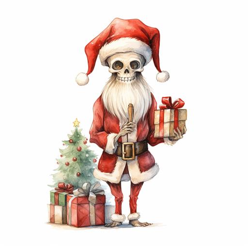 cartoon skeleton, christmas, watercolor, clip art, hyperealistic, isolated on white background