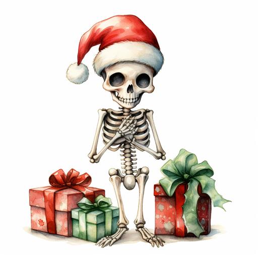 cartoon skeleton, christmas, watercolor, clip art, hyperealistic, isolated on white background