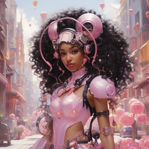 a futuristic beautiful black girl with all things pink and a lamborigini