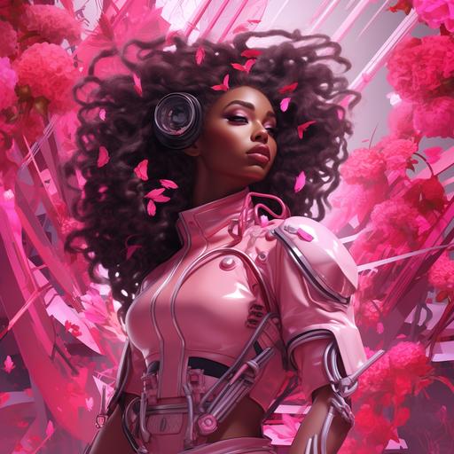 a futuristic beautiful black girl with all things pink and a lamborigini
