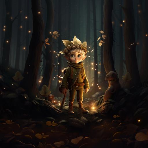 elf boy cartoon, night forest