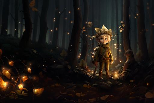 elf boy cartoon, night forest