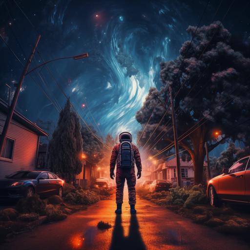 Astronaut standing in the center of a tree-lined street at night with a blue and red neon effect, creating depth and a mysterious, realistic, and cinematic atmosphere.