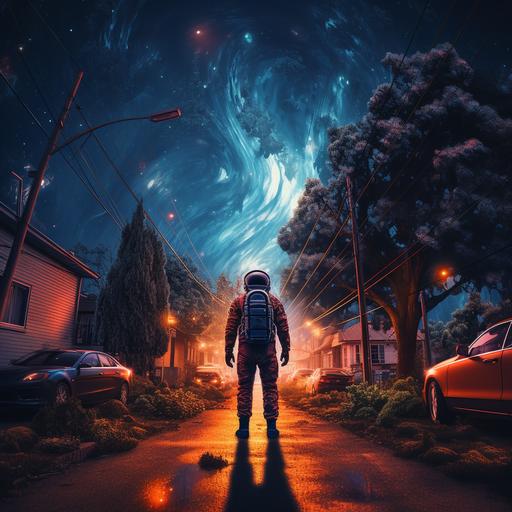 Astronaut standing in the center of a tree-lined street at night with a blue and red neon effect, creating depth and a mysterious, realistic, and cinematic atmosphere.
