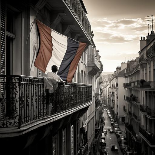 Bandera de francia en movimiento en el balcon - tarde soleada - gente caminando por la calle