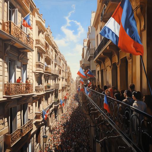 Bandera de francia en movimiento en el balcon - tarde soleada - gente caminando por la calle