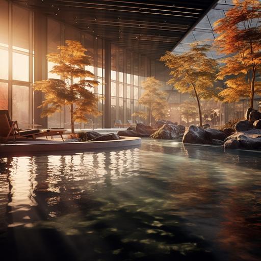 create an ultra realistic image of a Wellness day at the Claudius Therme in Cologne, relaxing in the warm thermal waters, surrounded by the peaceful atmosphere of the spa with autumnal scenery in the background, hyperrealism photography, extremely detailed, lumen render, cinematic