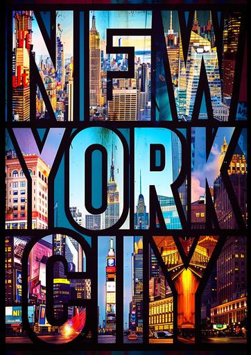 Create a vertical film grain photo-style collage depicting iconic landmarks and scenes from New York City, arranged within the letters of the word 'NEW YORK CITY'. Each letter should feature a different scene: 'N' with the Statue of Liberty, 'E' with the Empire State Building at night, 'W' with Times Square's neon lights, 'O' with the interior of Grand Central Station, 'R' with the Brooklyn Bridge, 'K' with a view of Manhattan skyline at dusk. The letters should be large and black, set against a contrasting background that makes the images within the letters stand out. The overall mood is vibrant and bustling, capturing the essence of the city, new york city poster, by jeremy reynolds, in the style of photo montage, dynamic lettering, lightbox, snapshots of america, flickr, vibrant collage, high-contrast shading --ar 5:7 --style raw  --v 6.0 --s 250