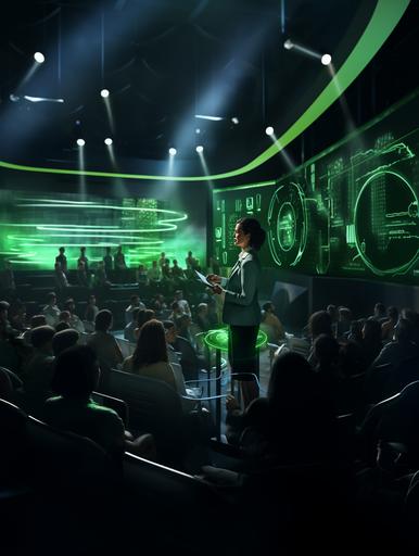 Design a scene with a slightly overweight female in a bright green business suit she has black hair in a pony and she is presenting a seminar. The backstage is illuminated with a large LED screen showing green 3D helix DNA, The scene is set inside a congress hall with hundreds of people in the audience , 32k, hyper realistic, --v 5.2 --ar 3:4