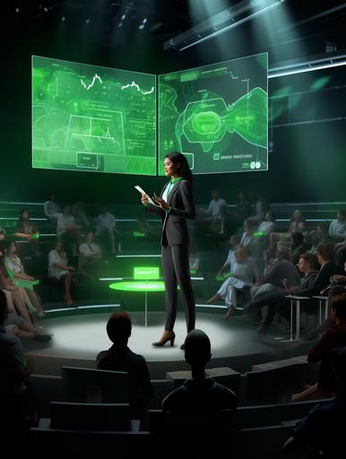 Design a scene with a slightly overweight female in a bright green business suit with black hair in a pony and presenting a seminar. The backstage is illuminated with a large LED screen showing skin-technology and DNA 3D, The scene is set inside a congress hall with hundreds of people in the audience , 32k, hyper realistic, --v 5.2 --ar 3:4