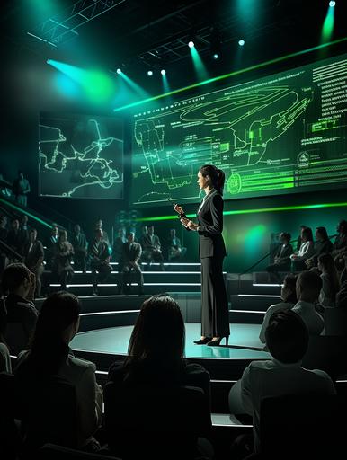 Design a scene with a slightly overweight female in a bright green business suit she has black hair in a pony and she is presenting a seminar. The backstage is illuminated with a large LED screen showing green 3D DNA and human body, The scene is set inside a congress hall with hundreds of people in the audience , 32k, hyper realistic, --v 5.2 --ar 3:4