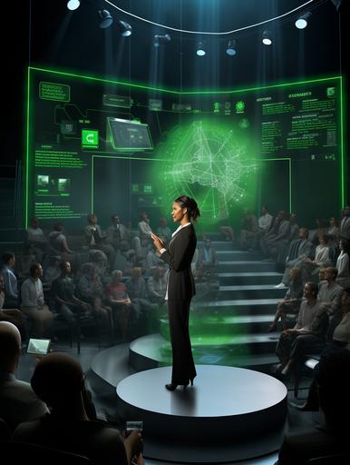 Design a scene with a slightly overweight female in a bright green business suit with black hair in a pony and presenting a seminar. The backstage is illuminated with a large LED screen showing skin-technology and DNA 3D, The scene is set inside a congress hall with hundreds of people in the audience , 32k, hyper realistic, --v 5.2 --ar 3:4