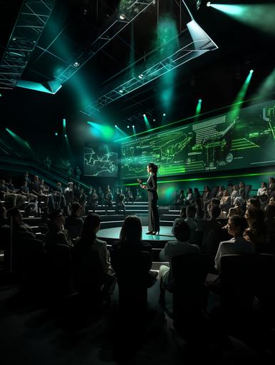 Design a scene with a slightly overweight female in a bright green business suit she has black hair in a pony and she is presenting a seminar. The backstage is illuminated with a large LED screen showing green 3D DNA and human body, The scene is set inside a congress hall with hundreds of people in the audience , 32k, hyper realistic, --v 5.2 --ar 3:4