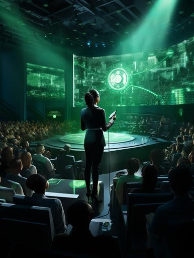 Design a scene with a slightly overweight white female in a bright green business suit with black hair in a pony and presenting a seminar. The backstage is illuminated with a large LED screen showing skin-technology and DNA 3D, The scene is set inside a congress hall with hundreds of people in the audience , 32k, hyper realistic, --v 5.2 --ar 3:4