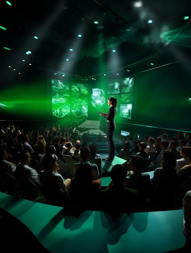 Design a scene with a slightly overweight white female in a bright green business suit with black hair in a pony and presenting a seminar. The backstage is illuminated with a large LED screen showing skin-technology and DNA 3D, The scene is set inside a congress hall with hundreds of people in the audience , 32k, hyper realistic, --v 5.2 --ar 3:4