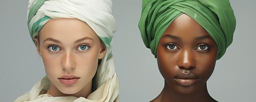 One African female skin model and a white skin model, close up of their face, they have no make-up, both wearing a very bright exuberent green bandana, scene is set in a studio with a light grey background, 32k, --v 5.2 --ar 5:2