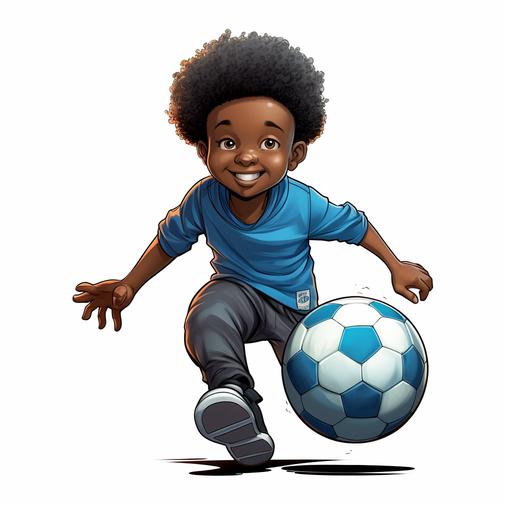 cartoon of a 9 year old black boy playing with a soccer ball, blue undertone, no background --v 5.2