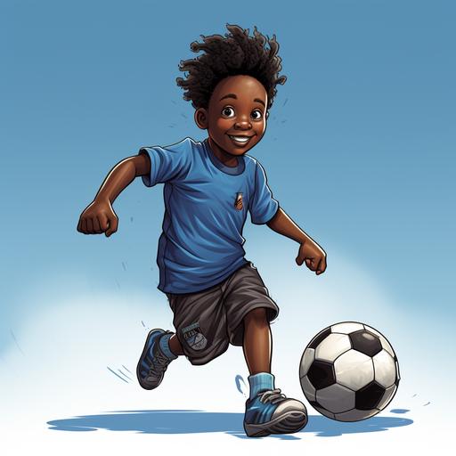 cartoon of a 9 year old black boy playing with a soccer ball, blue undertone