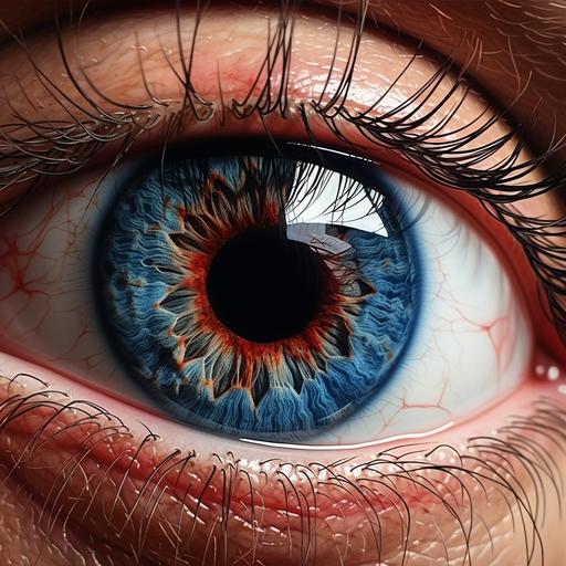 caucasian's blue eye with red veins, 32k, --v 5.2