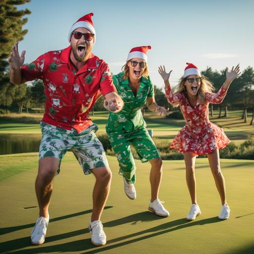 crazy golfers two male two female jumping up and down on the putting green, they are wearing Christmas clothes and funny hats and funny glasses, highveld trees in the background