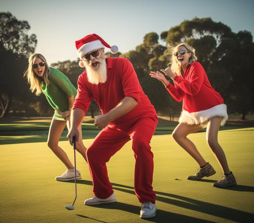 crazy golfers two male two female jumping up and down on the putting green, they are wearing Christmas clothes and funny hats and funny glasses, highveld trees in the background --v 5.2 --ar 8:7