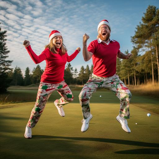 crazy golfers two male two female jumping up and down on the putting green, they are wearing christmas clothes and funny hats and funny glasses, trees in higveld trees in the background