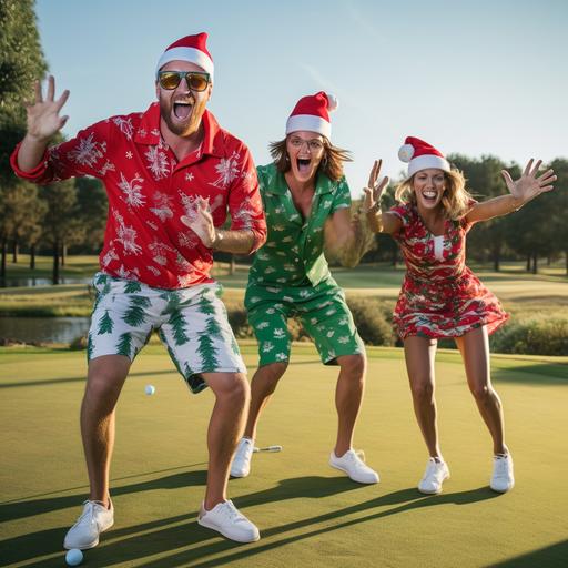 crazy golfers two male two female jumping up and down on the putting green, they are wearing Christmas clothes and funny hats and funny glasses, highveld trees in the background