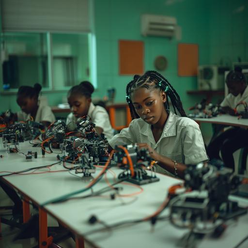 create a scene in a science class where young 18 year old Black African girls are building robotics models, green accent, hyper realistic, --v 6.0