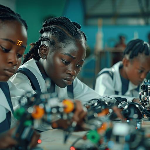 create a scene in a science class where young 18 year old Black African girls are building robotics models, green accent