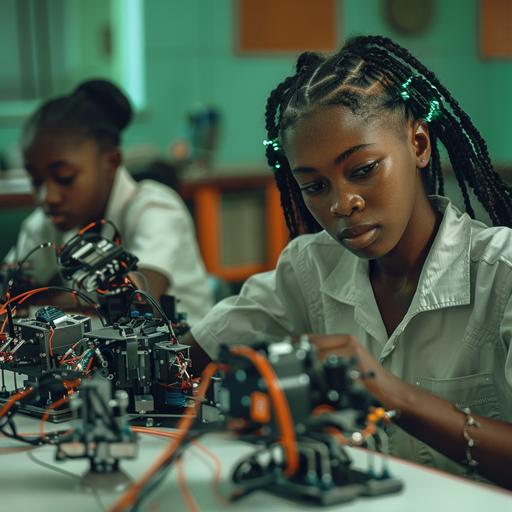 create a scene in a science class where young 18 year old Black African girls are building robotics models, green accent, hyper realistic, --v 6.0