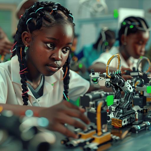 create a scene in a science class where young 18 year old Black African girls are building robotics models, green accent, hyper realistic, --v 6.0