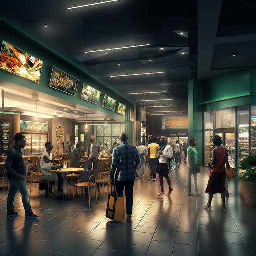 design a scene in a small mall with a few modern food franchises with African Black People, green acsent, 32k, high resolution, hyper realistic