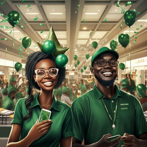 design a scene inside a mall where all male and female black African mall staff are wearing green attire, they have party hats and funny glasses, celebrating, 32k, hyper realistic, --v 5.2