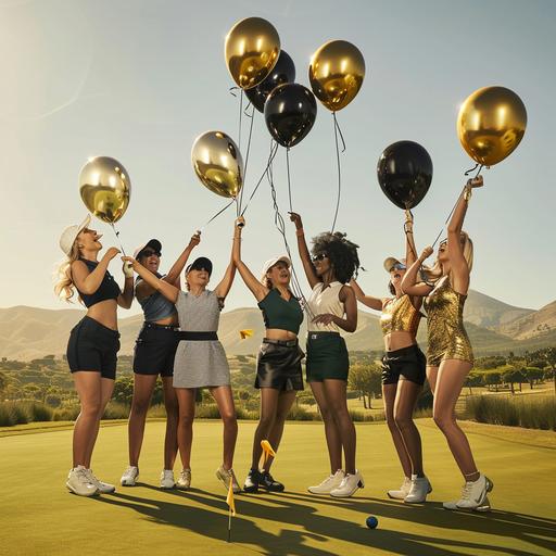 design a scene with middle-aged women golfers , Caucasian and Black African ladies, celebrating with black and gold balloons, the scene is set on a golf course at the Bushveld on a putting green, they are all wearing different golfing attire, its a sunny day, clear skies, real life, hyper realistic, 32k, --v 6.0