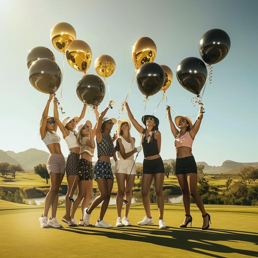 design a scene with middle-aged women golfers , Caucasian and Black African ladies, celebrating with black and gold balloons, the scene is set on a golf course at the Bushveld on a putting green, they are all wearing different golfing attire, its a sunny day, clear skies, real life, hyper realistic, 32k, --v 6.0