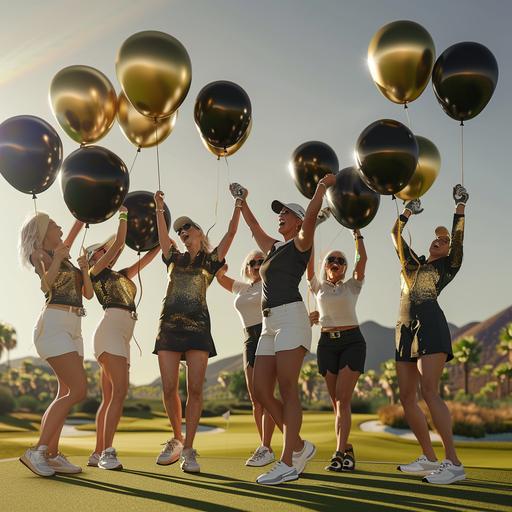 design a scene with middle-aged women golfers celebrating with black and gold balloons, the scene is set on a golf course at the Bushveld on a putting green, they are all wearing different golfing attire, its a sunny day, clear skies, real life, hyper realistic, 32k, --v 6.0