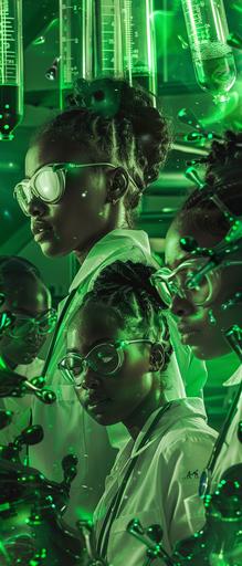 group of 18 year old black African girls, they are in a laboratory, theme is STEM, green accent 32k, high resolution --v 6.0 --ar 3:7