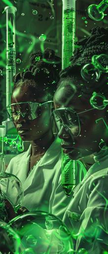 group of 18 year old black African girls, they are in a laboratory, theme is STEM, green accent 32k, high resolution --v 6.0 --ar 3:7