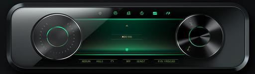 modern, green acsent, glossy media player with touch buttons, pause, play, forward, rewind buttons, metallic black, view from top, 3d, top view, 8k --ar 2016:592