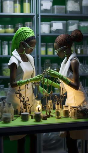 two african black Barbie Dolls in a laboratory, STEM theme, green acsent, 32k, hyper realistic, Canon 5D, --v 5.2 --ar 4:7