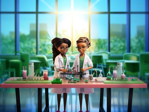 two black girls in STEM, Barbie theme, green acsent, 32k, laboratory background--v 5.2 --ar 4:3