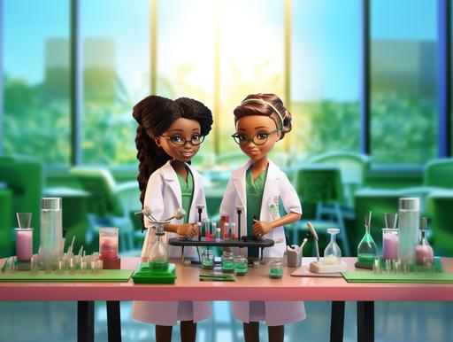 two black girls in STEM, Barbie theme, green acsent, 32k, laboratory background--v 5.2 --ar 4:3