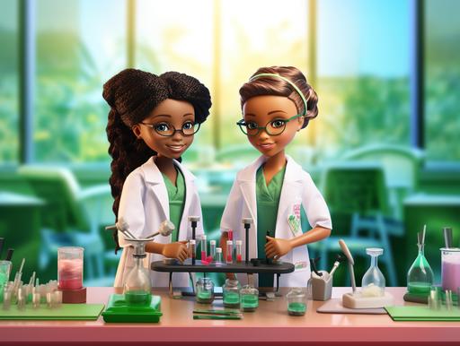 two black girls in STEM, Barbie theme, green acsent, 32k, laboratory background--v 5.2 --ar 4:3