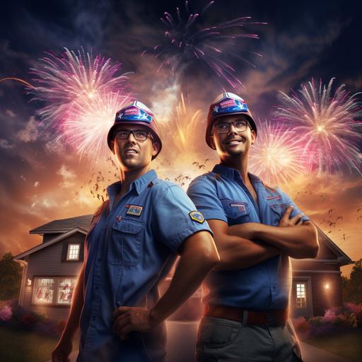 two plumbers and two electricians standing infront of a house with solar panels with fireworks in the background, hyper realistic, 32k, Canon 5D, blue acsent