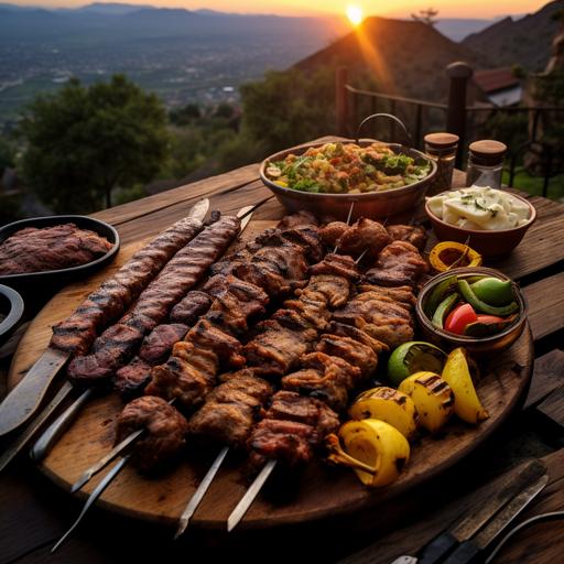 viewed from the top a real braai with steak, wors, chicken kebab and pap with sous