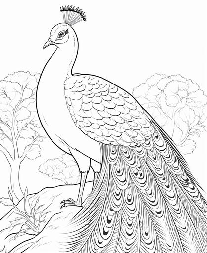 coloring page for kids, Peacock, cartoon style, thick line, low detail, no shading --ar 9:11