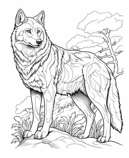 coloring page for kids, Wolf, cartoon style, thick line, low detail, no shading --ar 9:11